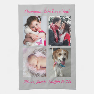 "Oma, we houden van je!" 4 foto's, LT grijs & roze Theedoek
