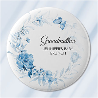 Oma Zachtblauwe Bloemen Baby Shower/Brunch Ronde Button 5,7 Cm