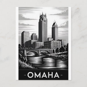 Omaha Nebraska Silhouette Zwart Wit Houtsnede Feestdagenkaart