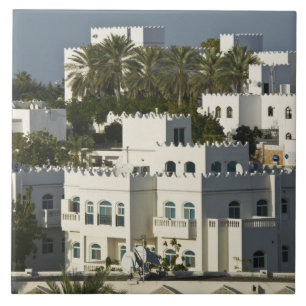 Oman, Muscat, Qurm. Gebouwen van Qurm gebied / Tegeltje