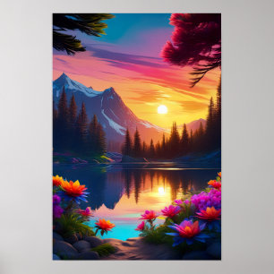 Omarm zonsondergang en Lake's Beauty Poster