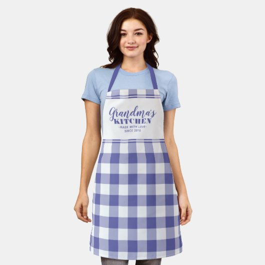 Oma's Kitchen Custom Periwinkle Gingham Check Schort (Gedragen)