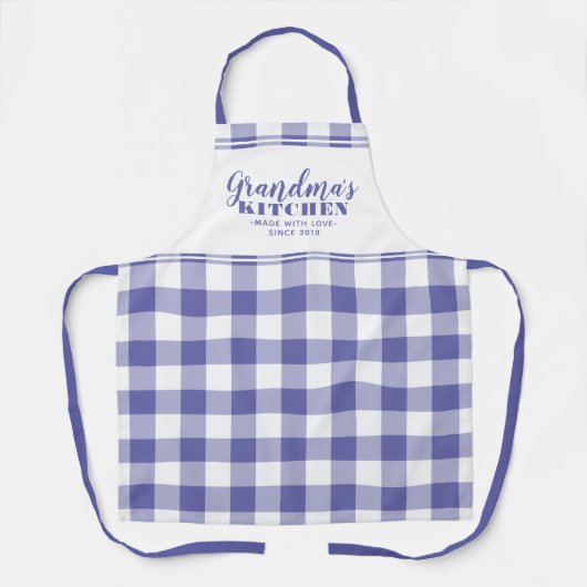 Oma's Kitchen Custom Periwinkle Gingham Check Schort (Voorkant)