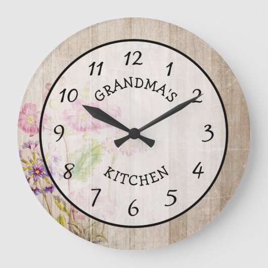 Oma's Kitchen Rustic Floral Wood Clock Grote Klok (Voorkant)