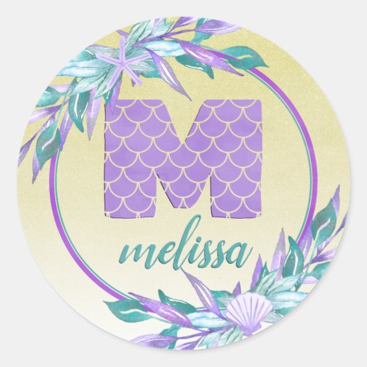 Ombre Bloemen Waterverf Zeemeermin Schalen Monogra Ronde Sticker (Voorkant)