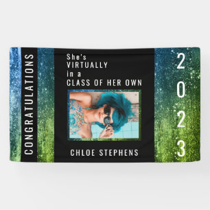 Ombre Blue  Green Faux Glitter Photo Afstuderen Spandoek