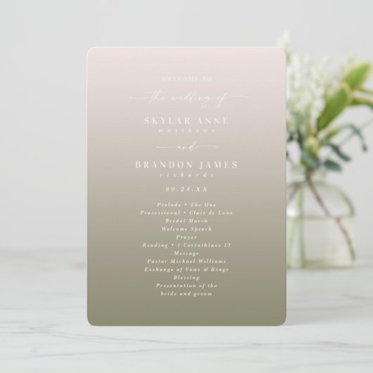 Ombre Blush Pink & Green Wedding Ceremony Programm Programma (Staand voorkant)