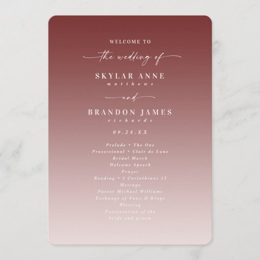 Ombre Cinnamon & Pink Mariage Ceremony Programme (Devant)