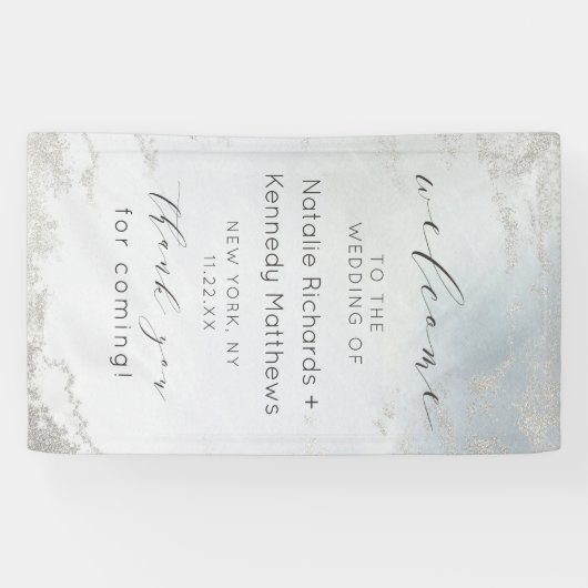 Ombre Dusty Blue Frosted Silver Bruiloft Welkom Spandoek (Horizontaal)