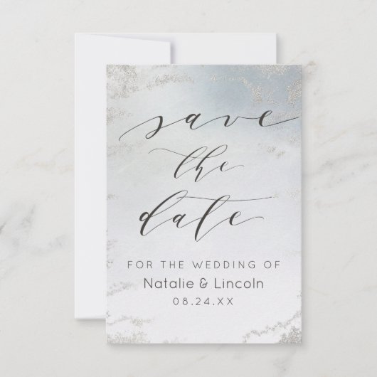Ombre Dusty Blue Frosted Silver Foil Chic Wedding Save The Date (Voorkant)