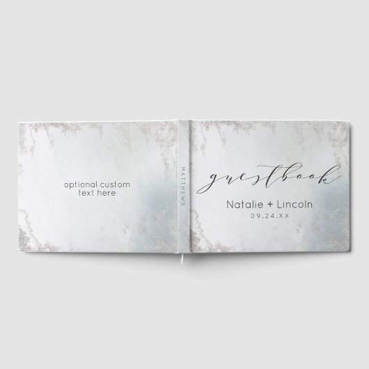 Ombre Dusty Blue Frosted Silver Waterverf Bruiloft Gastenboek (Volledig)