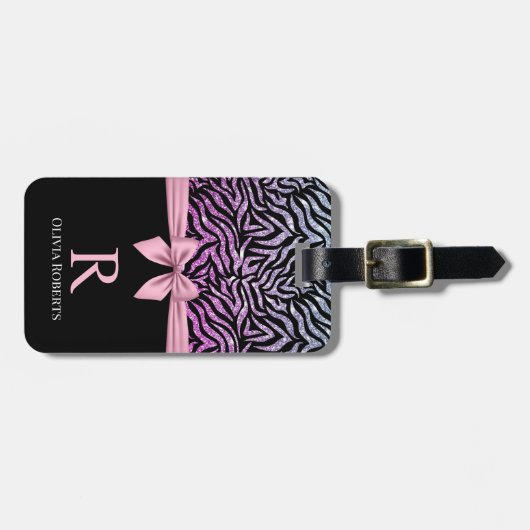 Ombre Glitter Zebra Roze Boog Monogram Bagagelabel (Voorkant horizontaal)
