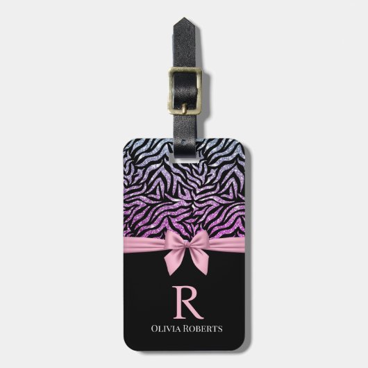 Ombre Glitter Zebra Roze Boog Monogram Bagagelabel (Voorkant verticaal)