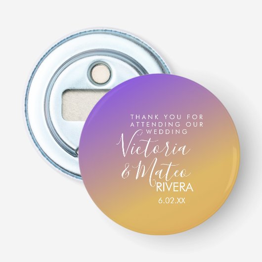 Ombre Gradient Paars Yellow Sunset Wedding Button Flesopener (Voorkant)