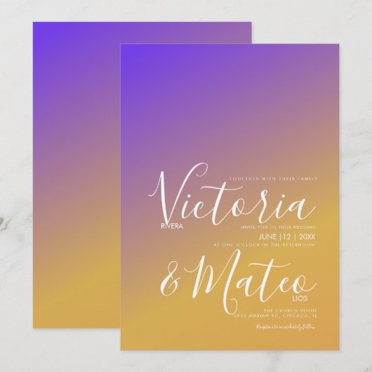 Ombre Gradient Paars Yellow Wedding Invitation Kaart (Voorkant / Achterkant)