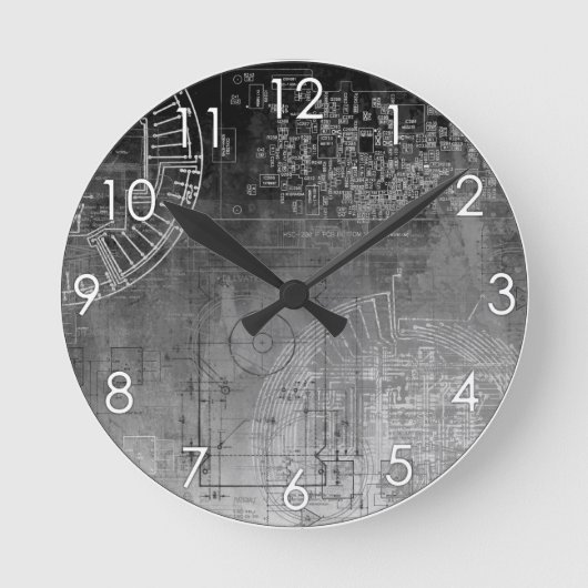 Ombre Gray to Black circuit board nerd geek Ronde Klok (Voorkant)