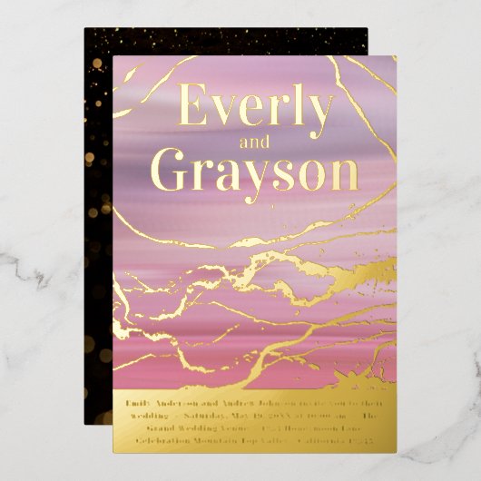 Ombre Lavender Pink Marble Veining Gold Wedding Folie Uitnodiging (Voorkant / Achterkant)