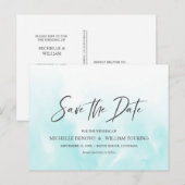 Ombre Light Blue Elegant Handgeschreven WEDDING Aankondigingskaart (Voorkant / Achterkant)