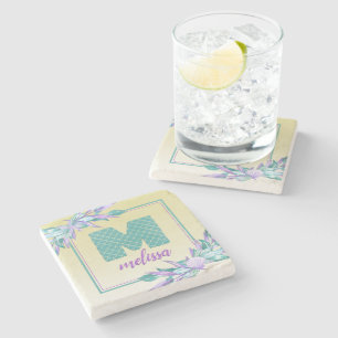 Ombre Mermaid Scales Monogram Waterverf Floral Stenen Onderzetter