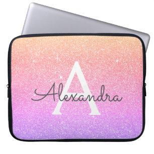 Ombre Paars Glitter en Sparkle Monogram Laptop Sleeve