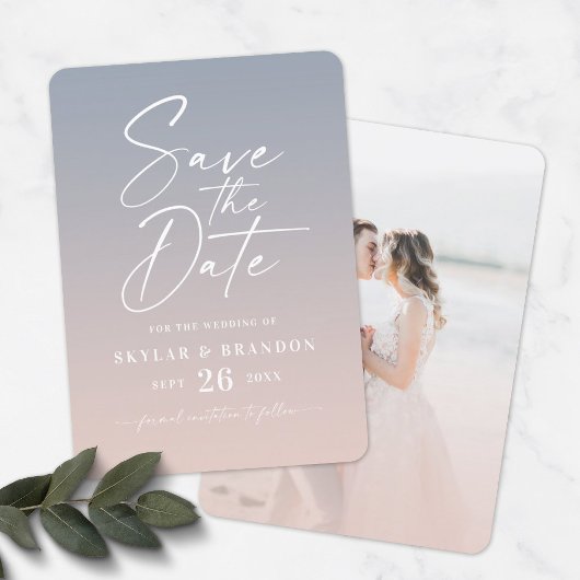 Ombre Pink & Blue met Script Photo Wedding Save The Date