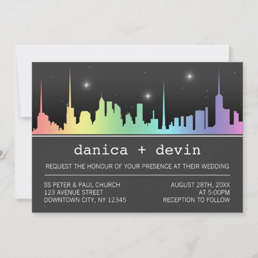 Ombre Rainbow City Skyline Wedding Invitations (Devant)