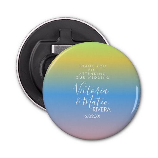 Ombre Rainbow Yellow Blue Pink Weddenschap Harteli Button Flesopener (Voorkant)