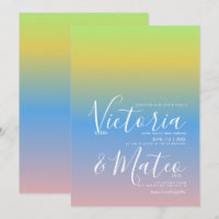 Ombre regenboog geel blauw roze trouw uitnodiging