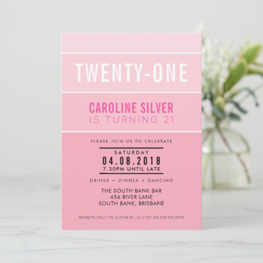 OMBRE STRIPE 21E anniversaire INVITATION chic rose (Debout devant)