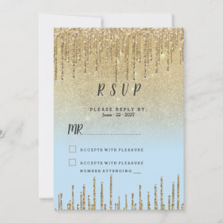 Ombre teal gold glitter drips script RSVP  Kaart