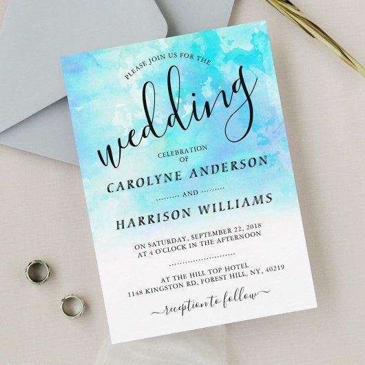 Ombre Waterverf Wedding Invitation - Blue Kaart