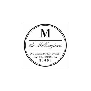 Omcirkeld monogram familienaam script retouradres 	rubberstempel