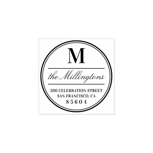 Omcirkeld monogram familienaam script retouradres 	rubberstempel (Afrduk)