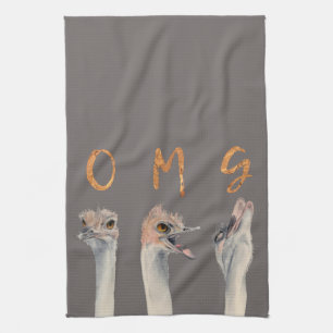 OMG Funny Ostriches Waterverf Illustratie Theedoek