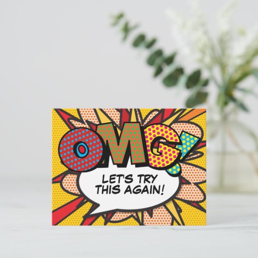 OMG Uitgestelde wijziging van datum Comic Book Pop Briefkaart (Staand voorkant)