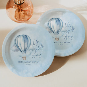 Omhoog en weg! Blauwe heteluchtballon Baby shower Papieren Bordje