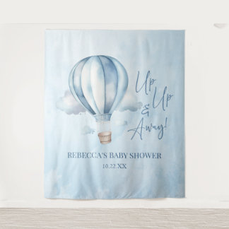 Omhoog en weg! Blauwe heteluchtballon Baby shower Wandkleed
