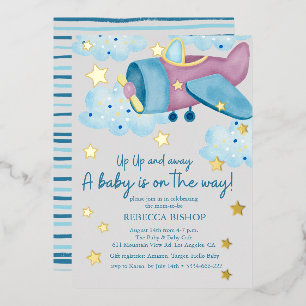 Omhoog en weg Paarse Grijs Vliegtuig Baby shower Folie Uitnodiging