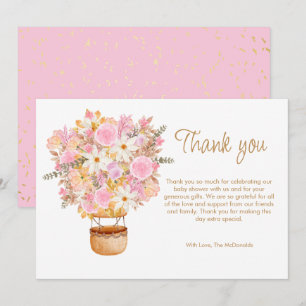 Omhoog en weg Roze Bloemenballon Baby shower Bedankkaart