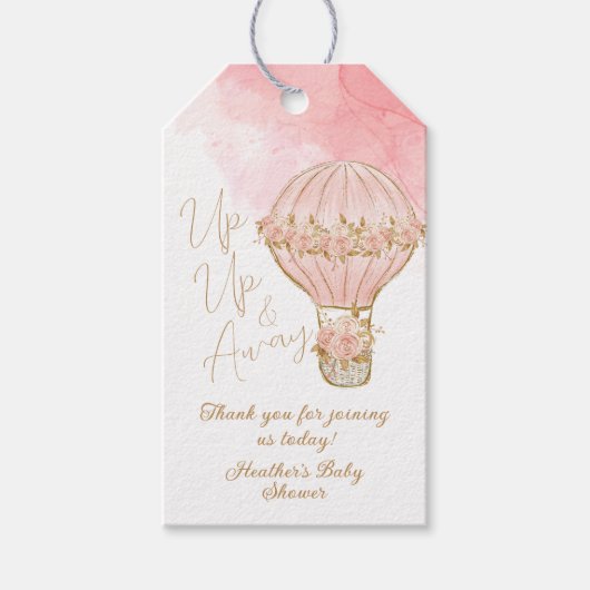 Omhoog en weg Roze Hete Luchtballon Baby shower Cadeaulabel (Voorkant)