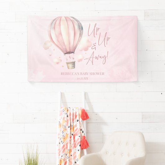 Omhoog en weg! Roze Hete Luchtballon Baby shower Spandoek (Insitu)