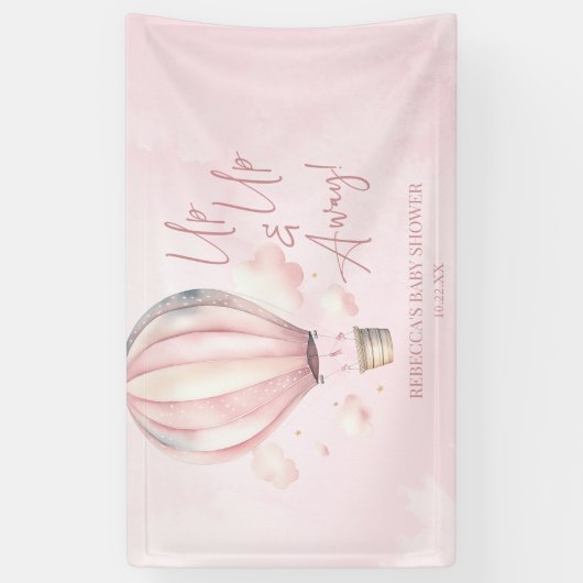 Omhoog en weg! Roze Hete Luchtballon Baby shower Spandoek (Verticaal)