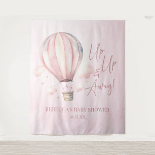 Omhoog en weg! Roze Hete Luchtballon Baby shower Wandkleed
