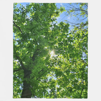 Omhoog kijken naar groene bladeren en blauwe lucht fleece deken