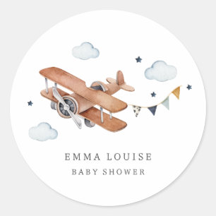 Omhoog & weg,  Waterverf Vliegtuig Baby shower Ronde Sticker