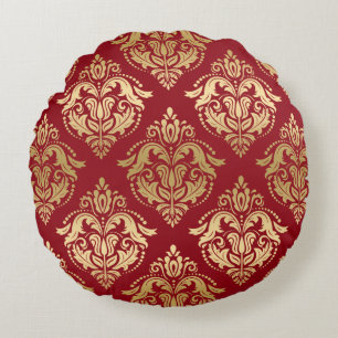 Omkeerbare Bourgogne & Goud  Bloemendamast Rond Kussen