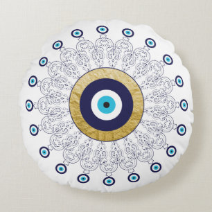 Omkeerbare Evil Eye Mandala in goud wit en blauw Rond Kussen