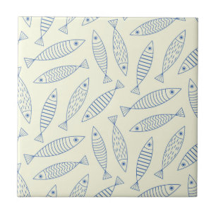 Omlijning Doodle Blauwe Sardine Vis Patroon Tegeltje
