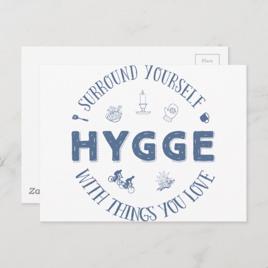 Omring jezelf. Hygge (donkerblauwe tekst) Briefkaart (Voorkant / Achterkant)