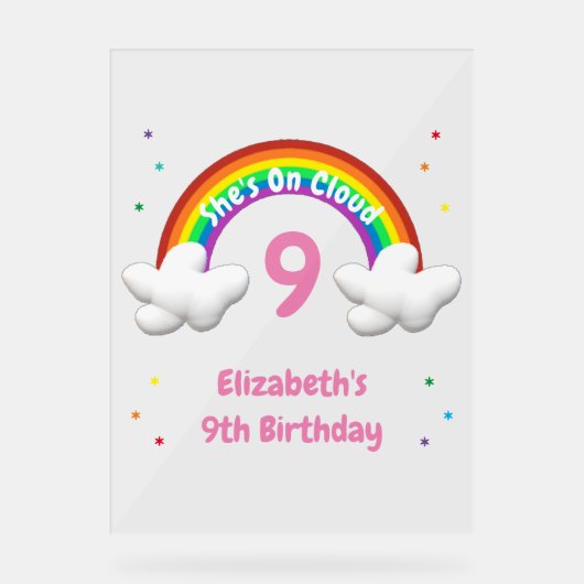 On Cloud 9! Rainbow Birthday Acryl Bord (Voorkant)
